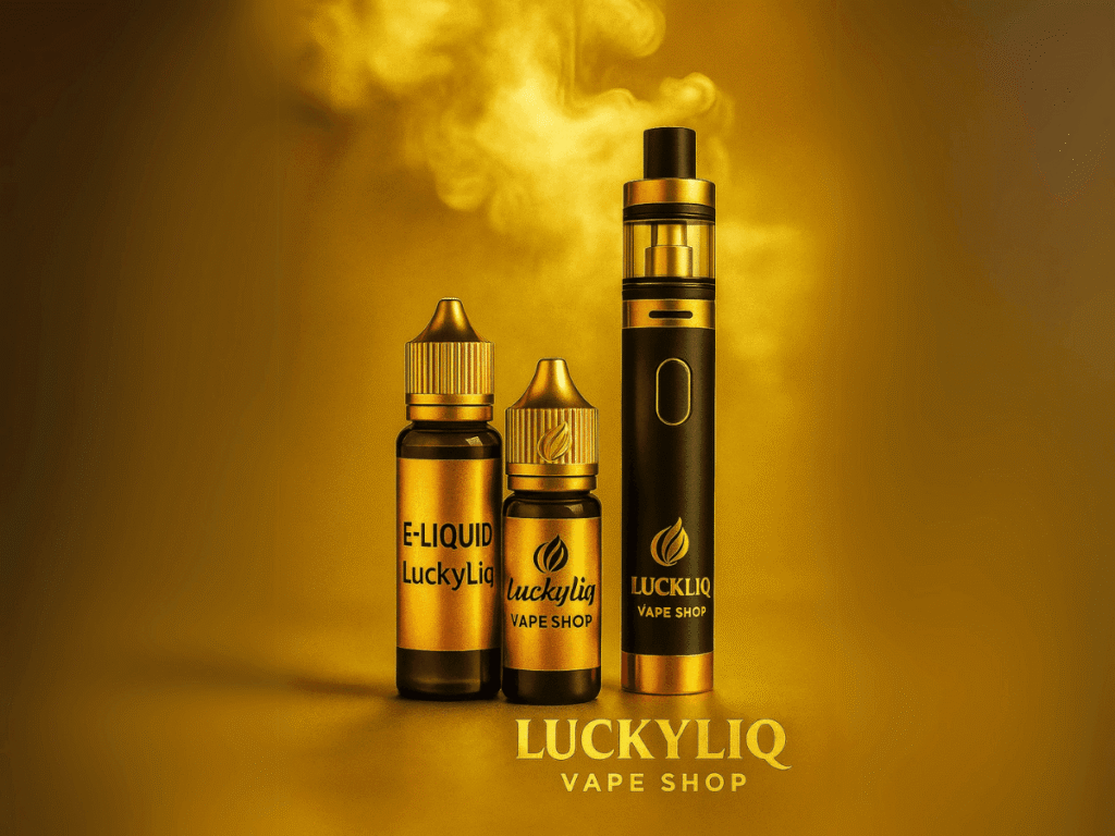 Vape Shop LuckyLiq: E-Liquid Flaschen und dampfende Vape vor goldenem Hintergrund